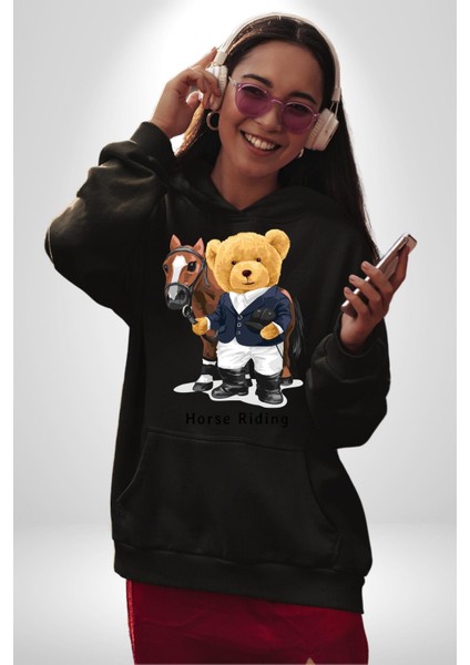 Binici Tatlı Havalı Oyuncak Ayı Kadın Erkek Baskılı Üç Iplik Siyah Kapüşonlu Hodie Sweatshirt