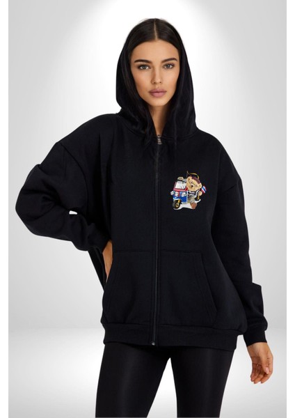 Taksici Oyuncak Ayı Fransız Kadın Erkek Baskılı Fermuarlı Kapüşonlu Hırka Sweatshirt