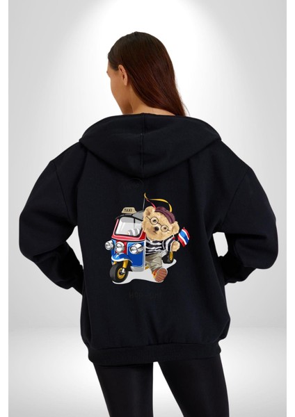 Taksici Oyuncak Ayı Fransız Kadın Erkek Baskılı Fermuarlı Kapüşonlu Hırka Sweatshirt