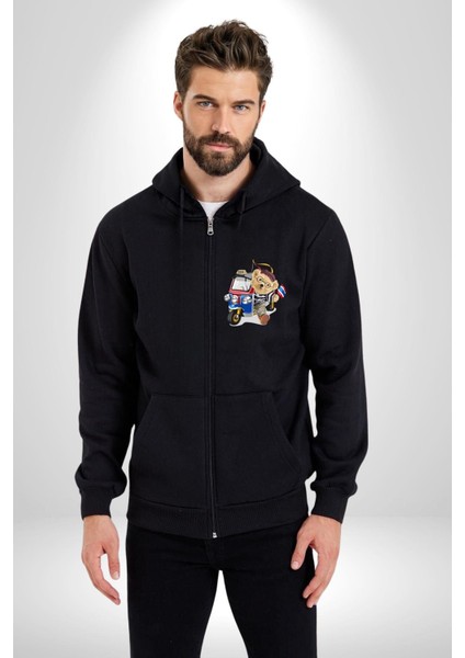 Taksici Oyuncak Ayı Fransız Kadın Erkek Baskılı Fermuarlı Kapüşonlu Hırka Sweatshirt