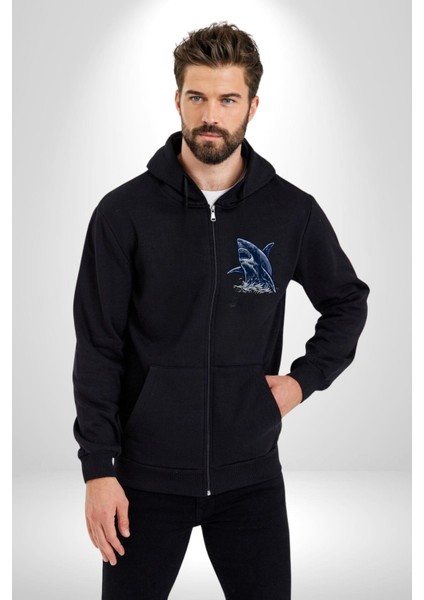 Denizler Hakimi Köpekbalığı Kadın Erkek Baskılı Fermuarlı Kapüşonlu Hırka Sweatshirt