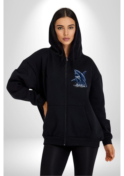 Denizler Hakimi Köpekbalığı Kadın Erkek Baskılı Fermuarlı Kapüşonlu Hırka Sweatshirt