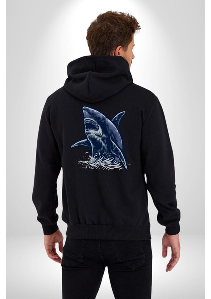 Denizler Hakimi Köpekbalığı Kadın Erkek Baskılı Fermuarlı Kapüşonlu Hırka Sweatshirt