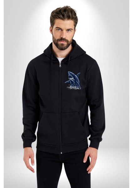 Denizler Hakimi Köpekbalığı Kadın Erkek Baskılı Fermuarlı Kapüşonlu Hırka Sweatshirt