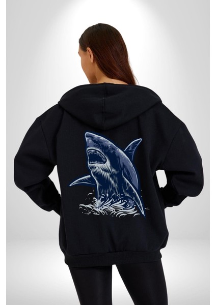 Denizler Hakimi Köpekbalığı Kadın Erkek Baskılı Fermuarlı Kapüşonlu Hırka Sweatshirt