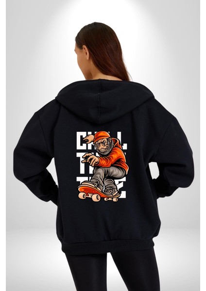 Kaykaylı Sweatli Maymun Sokak Tarzı Kadın Erkek Baskılı Fermuarlı Kapüşonlu Hırka Sweatshirt