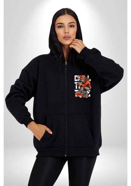 Kaykaylı Sweatli Maymun Sokak Tarzı Kadın Erkek Baskılı Fermuarlı Kapüşonlu Hırka Sweatshirt