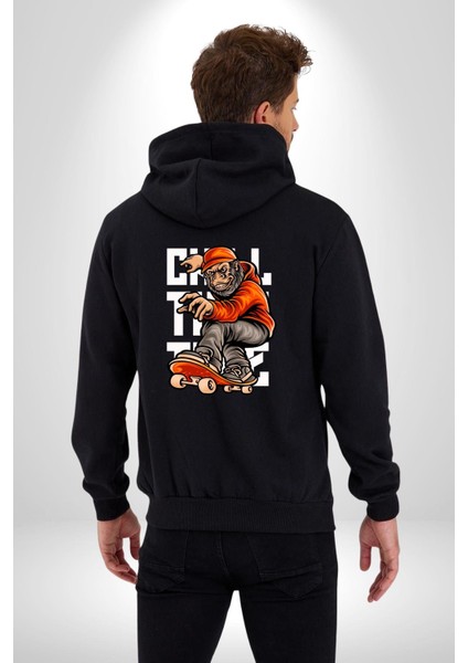Kaykaylı Sweatli Maymun Sokak Tarzı Kadın Erkek Baskılı Fermuarlı Kapüşonlu Hırka Sweatshirt
