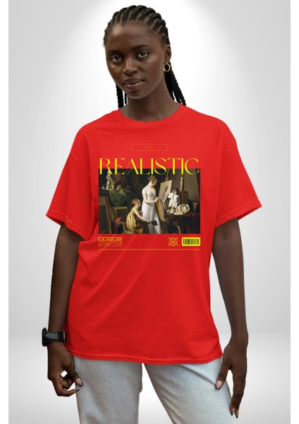 Realistik Orta Çağ Sanatçıları Kadın Erkek Ön Baskılı Kırmızı Pamuklu Tişört Penye Klasik