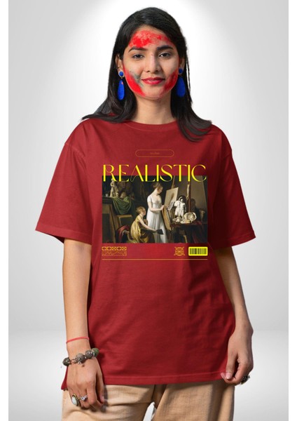 Realistik Orta Çağ Sanatçıları Kadın Erkek Ön Baskılı Kırmızı Pamuklu Tişört Penye Klasik indirimleri