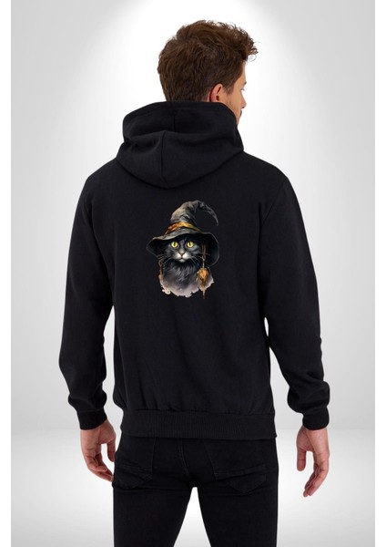 Cadı Mistik Şapkalı Kedi Kadın Erkek Baskılı Fermuarlı Kapüşonlu Hırka Sweatshirt indirimleri