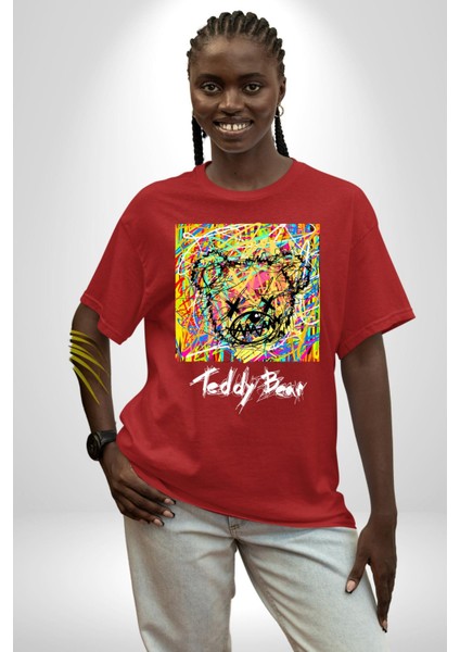 Sanatsal Teddy Ayı Kadın Erkek Ön Baskılı Kırmızı Pamuklu Tişört Penye Klasik