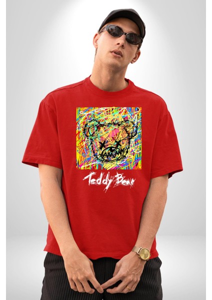 Sanatsal Teddy Ayı Kadın Erkek Ön Baskılı Kırmızı Pamuklu Tişört Penye Klasik fiyatları