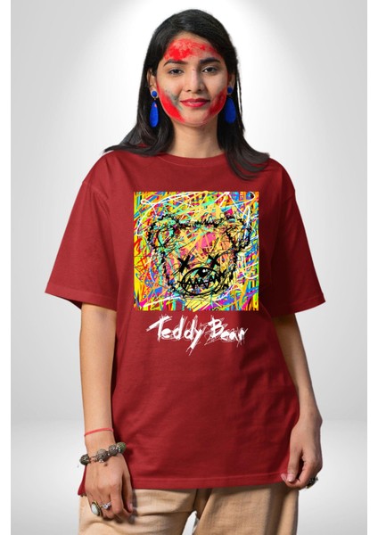 Sanatsal Teddy Ayı Kadın Erkek Ön Baskılı Kırmızı Pamuklu Tişört Penye Klasik modelleri