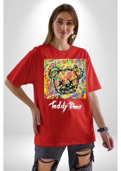 Sanatsal Teddy Ayı Kadın Erkek Ön Baskılı Kırmızı Pamuklu Tişört Penye Klasik fırsatları