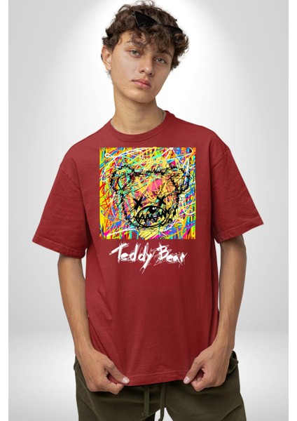 Sanatsal Teddy Ayı Kadın Erkek Ön Baskılı Kırmızı Pamuklu Tişört Penye Klasik indirimleri