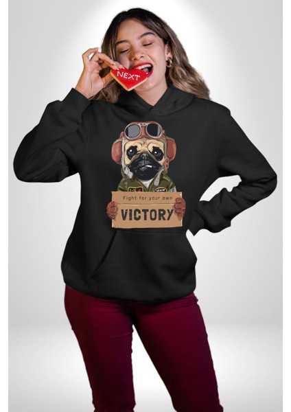 Kendin Için Savaş Pilot Yavru Pug Kadın Erkek Baskılı Üç Iplik Siyah Kapüşonlu Hodie Sweatshirt