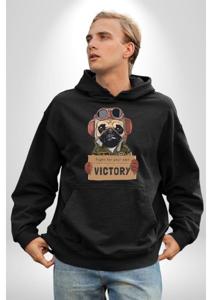Kendin Için Savaş Pilot Yavru Pug Kadın Erkek Baskılı Üç Iplik Siyah Kapüşonlu Hodie Sweatshirt