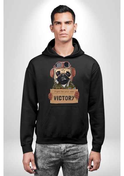 Kendin Için Savaş Pilot Yavru Pug Kadın Erkek Baskılı Üç Iplik Siyah Kapüşonlu Hodie Sweatshirt