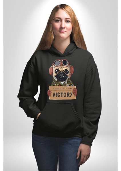 Kendin Için Savaş Pilot Yavru Pug Kadın Erkek Baskılı Üç Iplik Siyah Kapüşonlu Hodie Sweatshirt