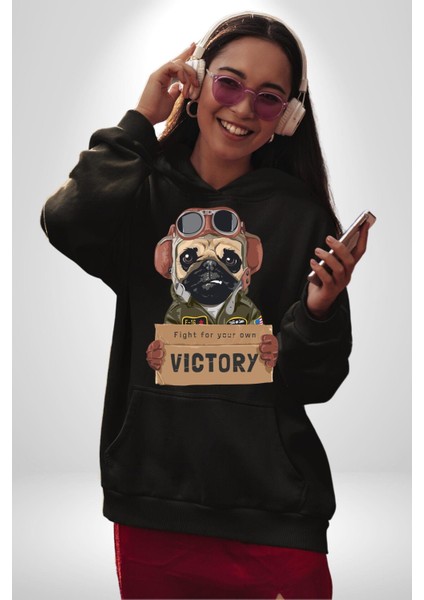Kendin Için Savaş Pilot Yavru Pug Kadın Erkek Baskılı Üç Iplik Siyah Kapüşonlu Hodie Sweatshirt