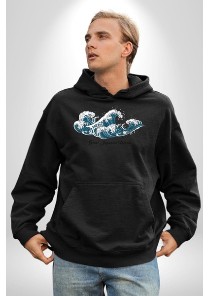 Büyük Japon Dalgaları Kadın Erkek Baskılı Üç Iplik Siyah Kapüşonlu Hodie Sweatshirt fiyatları