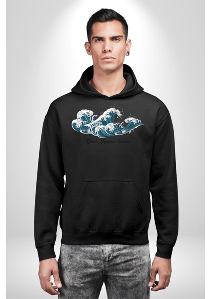 Büyük Japon Dalgaları Kadın Erkek Baskılı Üç Iplik Siyah Kapüşonlu Hodie Sweatshirt modelleri