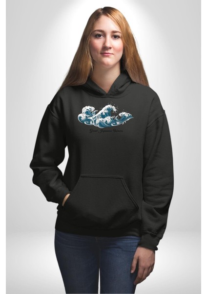 Büyük Japon Dalgaları Kadın Erkek Baskılı Üç Iplik Siyah Kapüşonlu Hodie Sweatshirt fırsatları