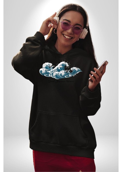 Büyük Japon Dalgaları Kadın Erkek Baskılı Üç Iplik Siyah Kapüşonlu Hodie Sweatshirt indirimleri