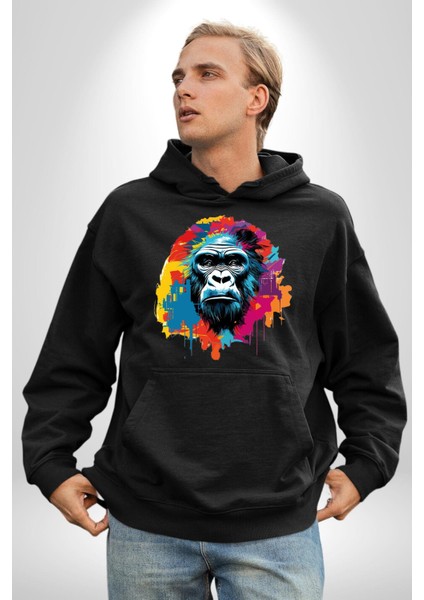 Rengarenk Asil Duruşlu Goril Kadın Erkek Baskılı Üç Iplik Siyah Kapüşonlu Hodie Sweatshirt fiyatları