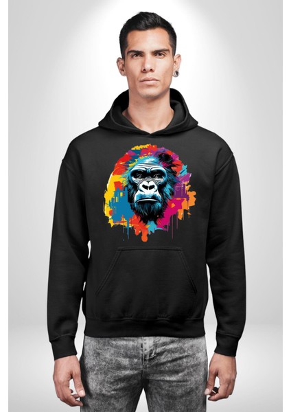 Rengarenk Asil Duruşlu Goril Kadın Erkek Baskılı Üç Iplik Siyah Kapüşonlu Hodie Sweatshirt modelleri