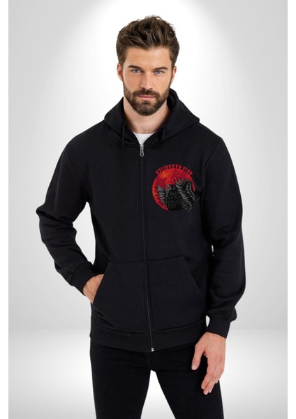 Cadılar Bayramı Kuşu Kadın Erkek Baskılı Fermuarlı Kapüşonlu Hırka Sweatshirt