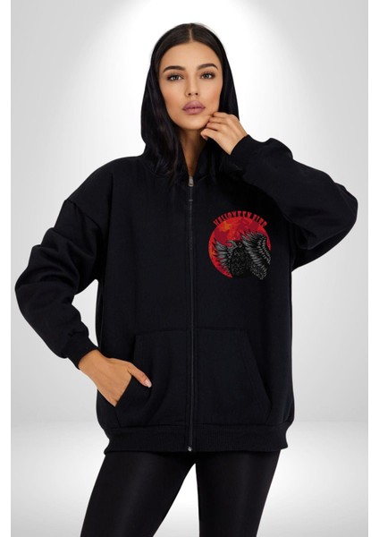 Cadılar Bayramı Kuşu Kadın Erkek Baskılı Fermuarlı Kapüşonlu Hırka Sweatshirt