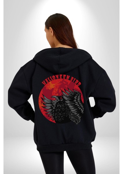 Cadılar Bayramı Kuşu Kadın Erkek Baskılı Fermuarlı Kapüşonlu Hırka Sweatshirt
