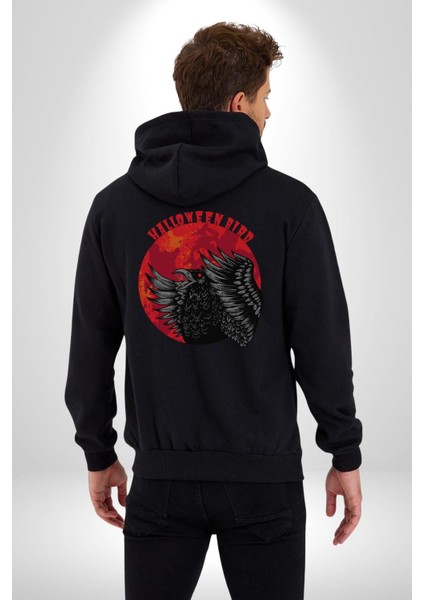 Cadılar Bayramı Kuşu Kadın Erkek Baskılı Fermuarlı Kapüşonlu Hırka Sweatshirt