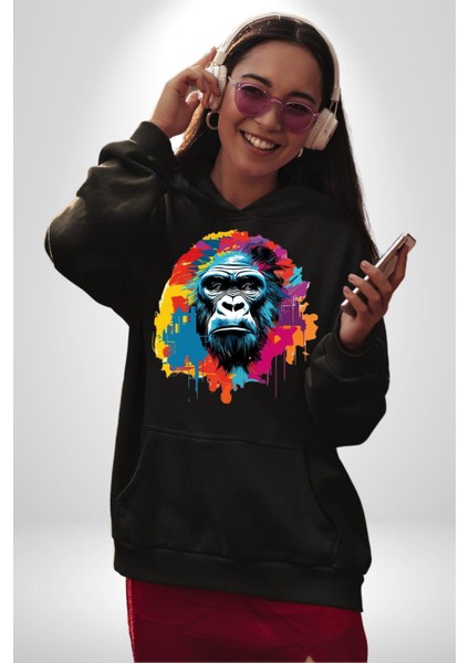 Rengarenk Asil Duruşlu Goril Kadın Erkek Baskılı Üç Iplik Siyah Kapüşonlu Hodie Sweatshirt indirimleri