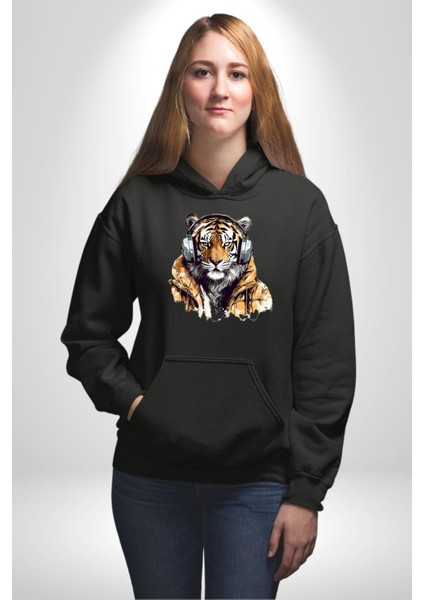 Montlu Kulaklıklı Havalı Kaplan Kadın Erkek Baskılı Üç Iplik Siyah Kapüşonlu Hodie Sweatshirt