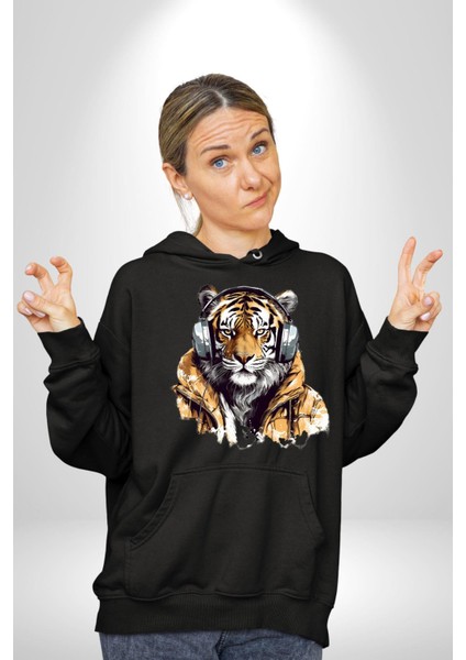 Montlu Kulaklıklı Havalı Kaplan Kadın Erkek Baskılı Üç Iplik Siyah Kapüşonlu Hodie Sweatshirt modelleri