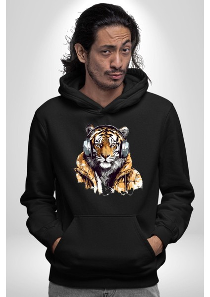 Montlu Kulaklıklı Havalı Kaplan Kadın Erkek Baskılı Üç Iplik Siyah Kapüşonlu Hodie Sweatshirt fırsatları