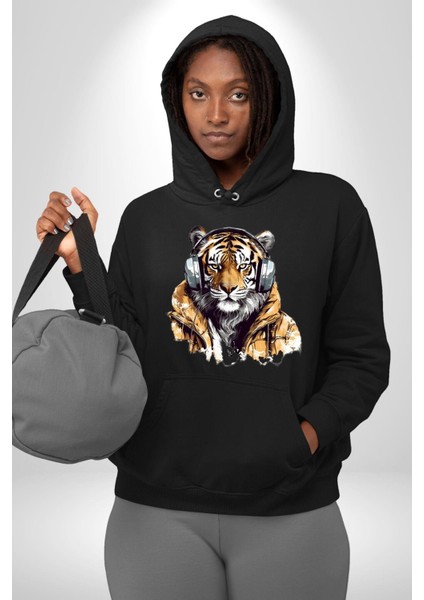 Montlu Kulaklıklı Havalı Kaplan Kadın Erkek Baskılı Üç Iplik Siyah Kapüşonlu Hodie Sweatshirt indirimleri