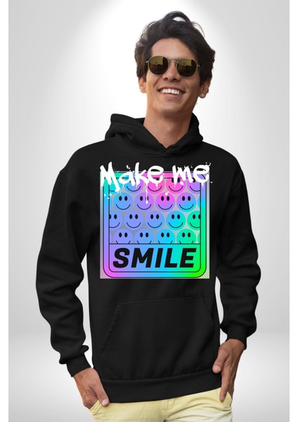 Beni Gülümset Kaset Kadın Erkek Baskılı Üç Iplik Siyah Kapüşonlu Hodie Sweatshirt