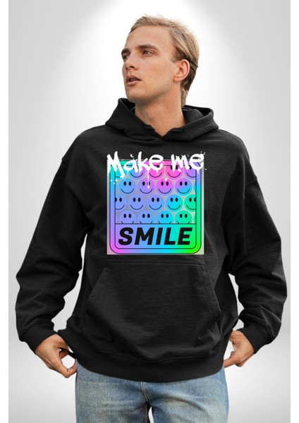 Beni Gülümset Kaset Kadın Erkek Baskılı Üç Iplik Siyah Kapüşonlu Hodie Sweatshirt modelleri