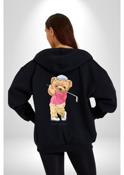 Golf Oynayan Oyuncak Ayı Kadın Erkek Baskılı Fermuarlı Kapüşonlu Hırka Sweatshirt indirimleri