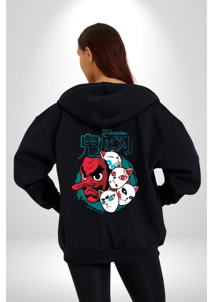 Demon Slayer Urokodaki Maskeler Anime Kadın Erkek Baskılı Fermuarlı Kapüşonlu Hırka Sweatshirt indirimleri