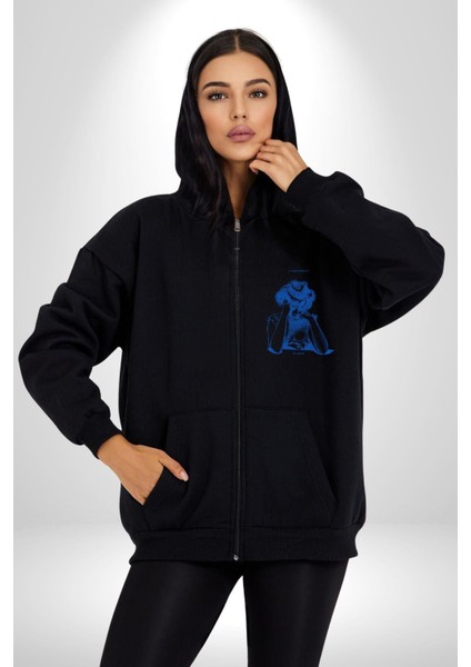 Hayal Gücü Kara Kalem Kadın Erkek Baskılı Fermuarlı Kapüşonlu Hırka Sweatshirt