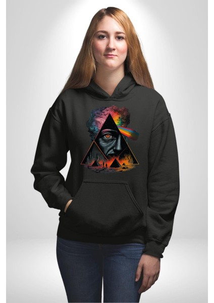 Gökkuşağı Mısır Piramitleri Mistik Kadın Erkek Baskılı Üç Iplik Siyah Kapüşonlu Hodie Sweatshirt fiyatları