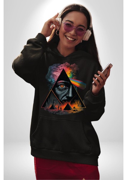 Gökkuşağı Mısır Piramitleri Mistik Kadın Erkek Baskılı Üç Iplik Siyah Kapüşonlu Hodie Sweatshirt modelleri