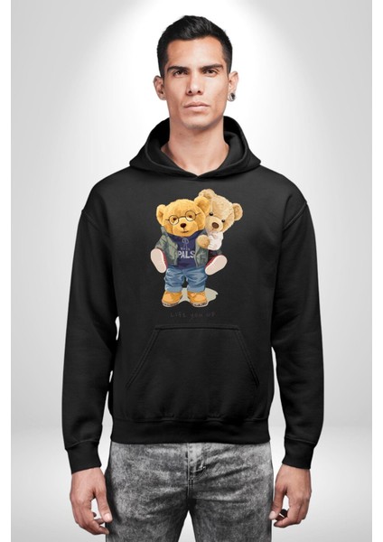 Tatlı Sevgililer Günü Oyuncak Ayı Kadın Erkek Baskılı Üç Iplik Siyah Kapüşonlu Hodie Sweatshirt