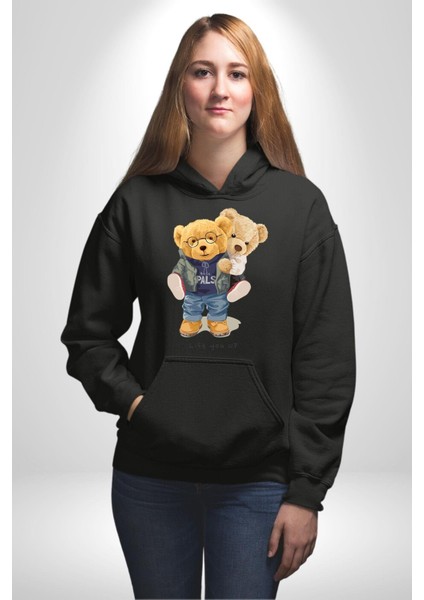Tatlı Sevgililer Günü Oyuncak Ayı Kadın Erkek Baskılı Üç Iplik Siyah Kapüşonlu Hodie Sweatshirt fiyatları