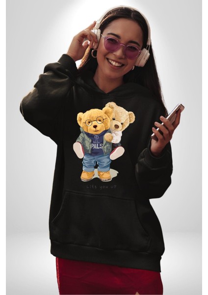 Tatlı Sevgililer Günü Oyuncak Ayı Kadın Erkek Baskılı Üç Iplik Siyah Kapüşonlu Hodie Sweatshirt modelleri